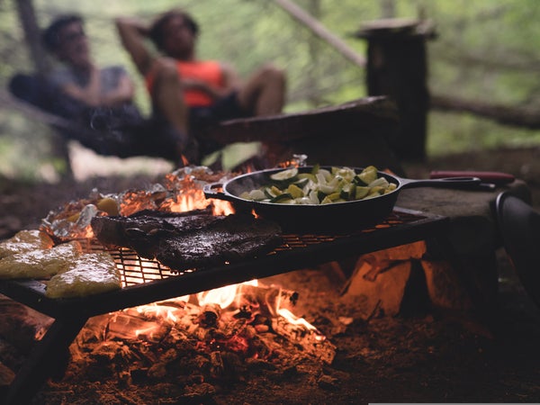 campfire cooking equipment pan with veggies and grate
