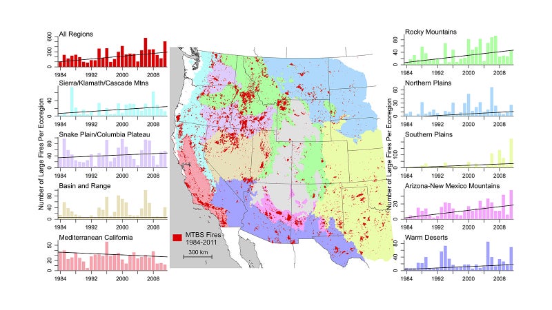 Western U.S. trends for number of large fires in each ecoregion per year.