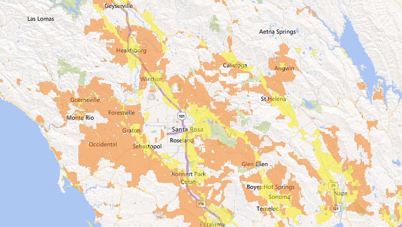 Areas of Wildland-Urban Interface (WUI) around Santa Rosa California.