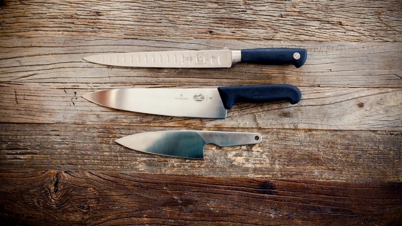 From top to bottom; #1: Mercer Genesis 10-Inch Granton Carving Knife; #2: Victorinox Fibrox Carving Knife; #3: Tiktaalik Compact Chef's Knife