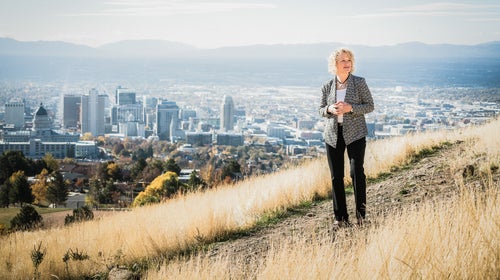 Biskupski visits Ensign Peak Nature Park, overlooking her city.