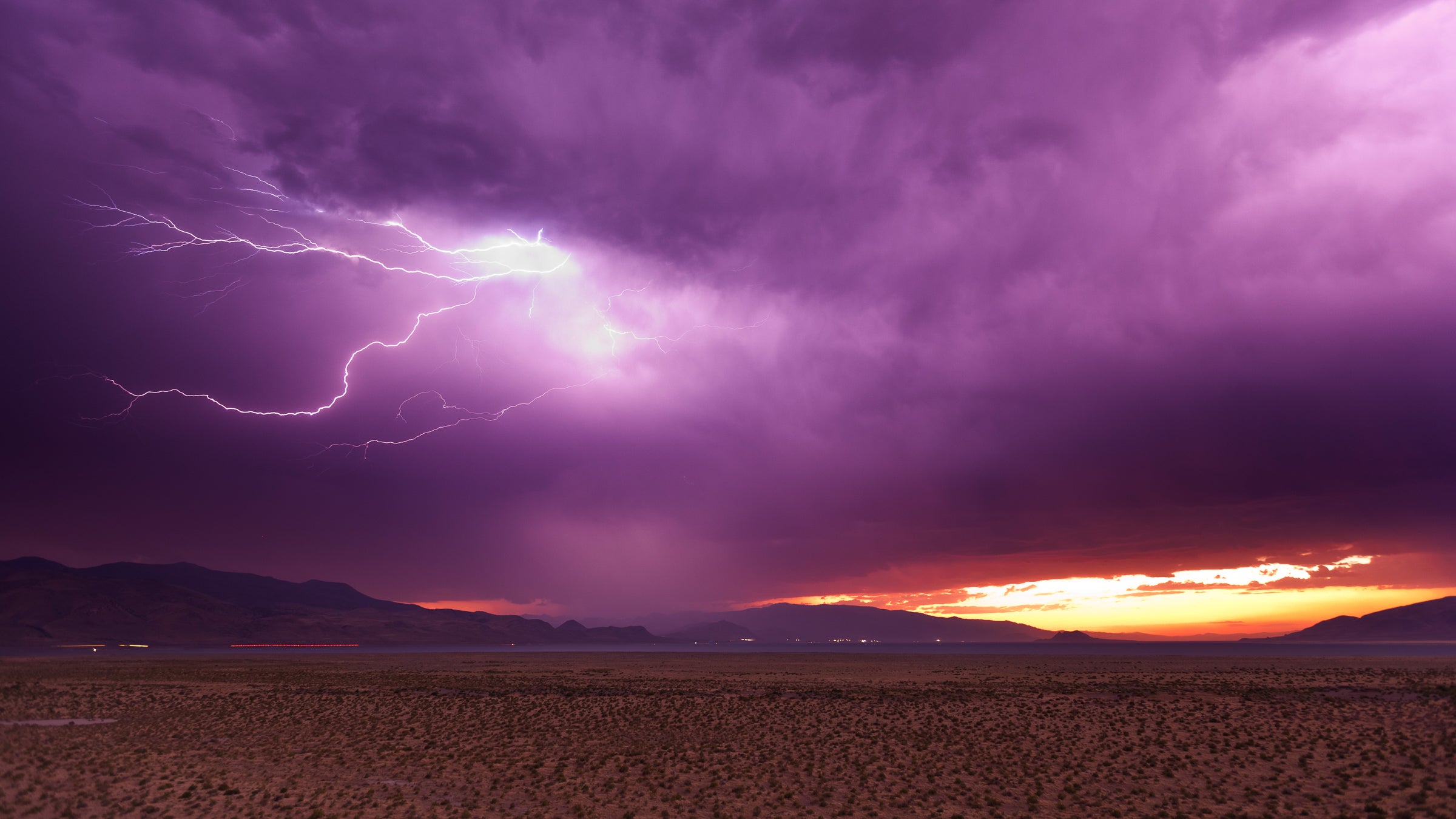 Lightning storm at dusk over Pyramid Lake, Nevada.