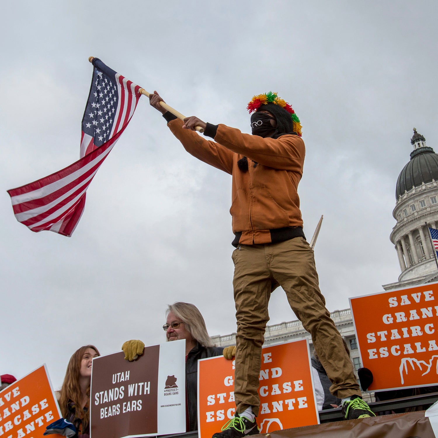 Protesters gather outside of the Utah State Capitol where President Donald Trump spoke to local representatives on Monday, Dec. 4, 2017, in Salt Lake City.