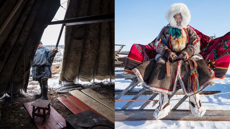 Alexey Khudi dismantling the chum; Nastia, the Brigade leaders wife, sitting on the women's sleigh durning the Ob migration.