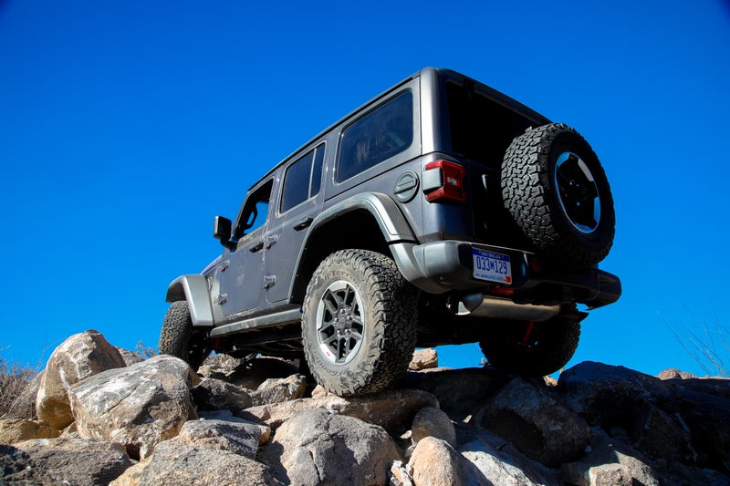 The departure angle on the new Wrangler has been improved, and the exhaust has been neatly routed to prevent damage. The shocks also move from inside the frame to the outside, resulting in better travel and stability.