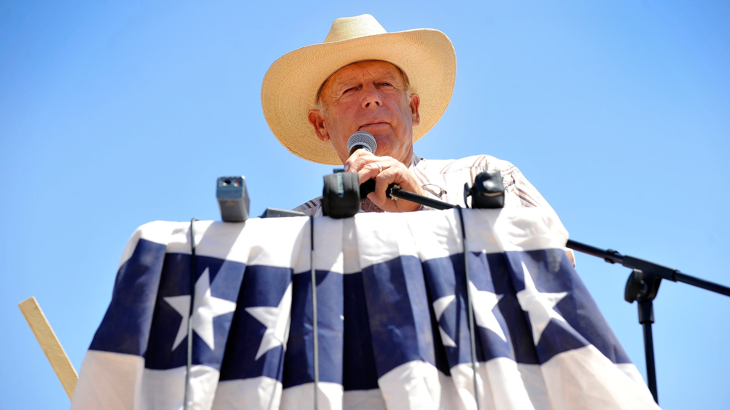 Rancher Cliven Bundy speaks during a news conference near his ranch on April 24, 2014 in Bunkerville, Nevada.