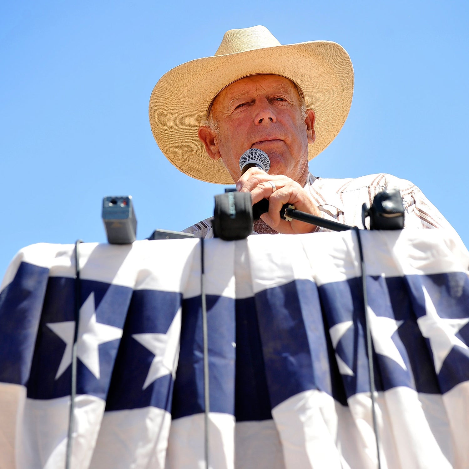 Rancher Cliven Bundy speaks during a news conference near his ranch on April 24, 2014 in Bunkerville, Nevada.