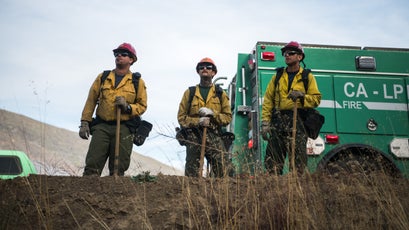 Forest Service firefighters at the start of a firing operation during the Thomas Fire in Los Padres National Forest near Ojai, December 9, 2017.
