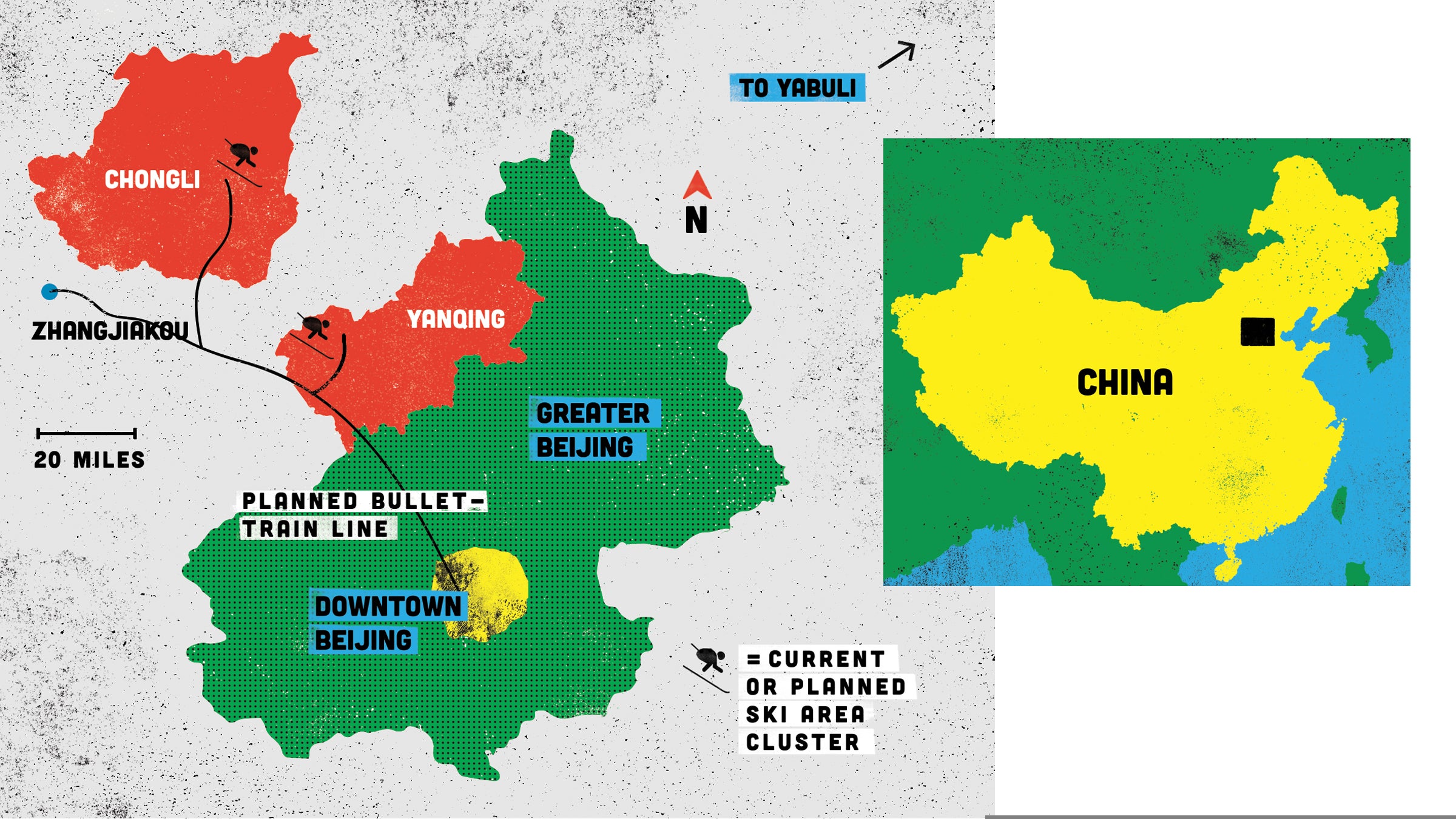 A map of ski areas and planned bullet trains near Bejing.