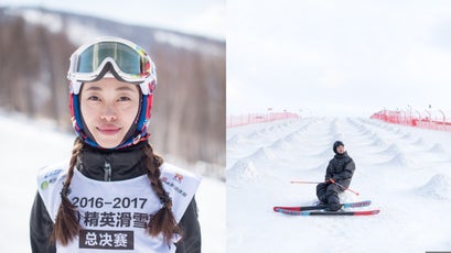 Ski racer Melody Wang before her race at Wanlong ski area; Uncle Cho, aka Xiouyuan Wang, clothing and app developer