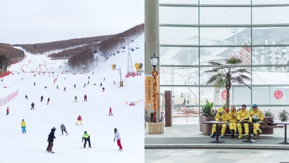 Wanlong ski resort; Fulong Chongli Four Season Resort, members of the Flower Ski School wait in a lobby