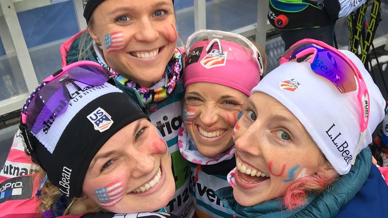 At the 2017 Nordic World Championships in Finland. Clockwise from top: Sadie Bjornsen, Liz Stephen, Kikkan Randall, Jessie Diggins.