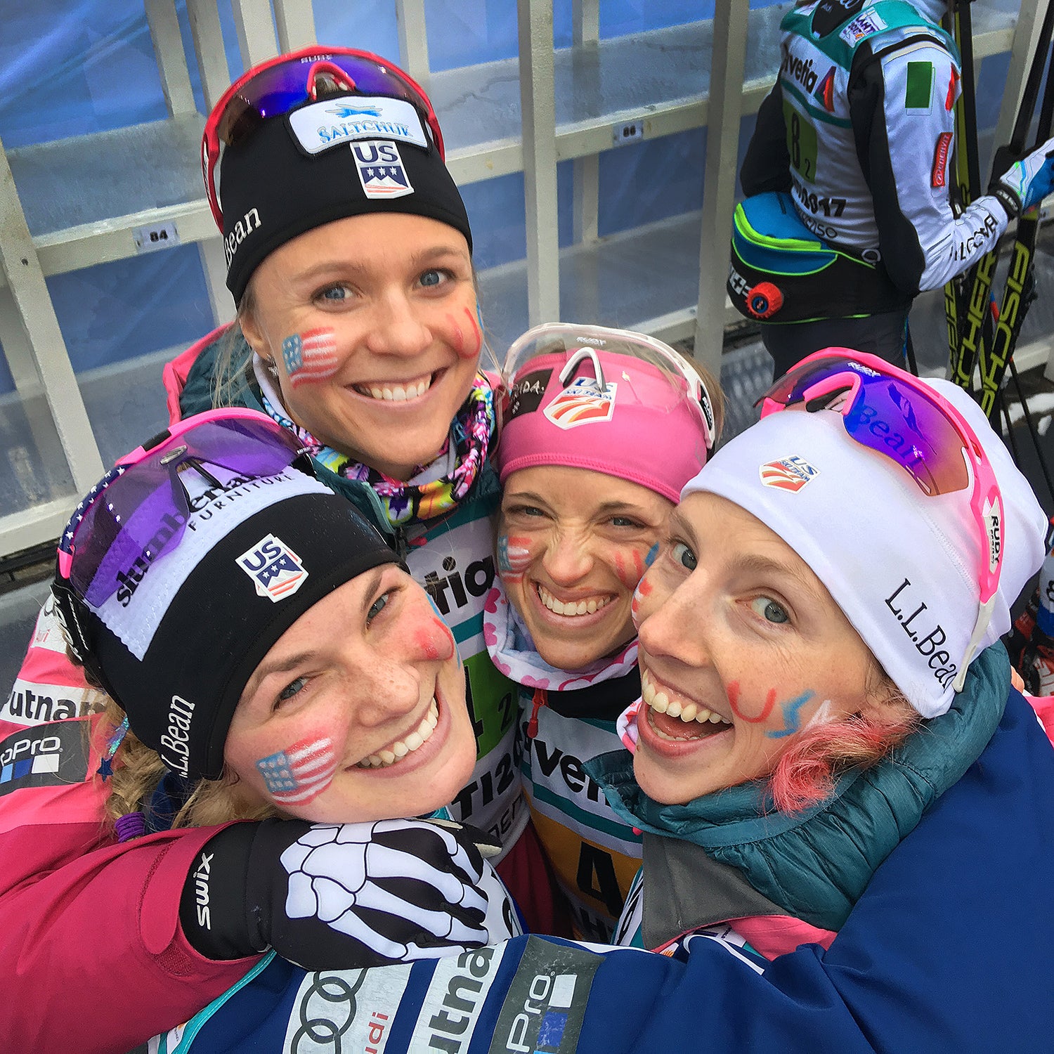 At the 2017 Nordic World Championships in Finland. Clockwise from top: Sadie Bjornsen, Liz Stephen, Kikkan Randall, Jessie Diggins.