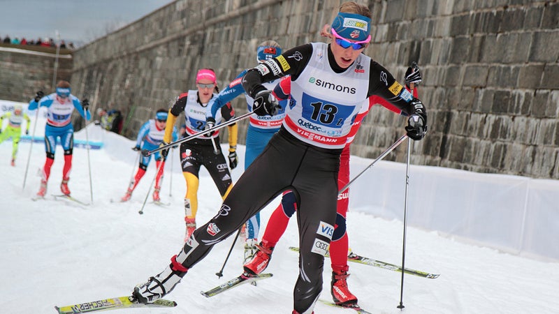 Kikkan Randall skate skiing in 2012 at the Cross-Country World Cup.