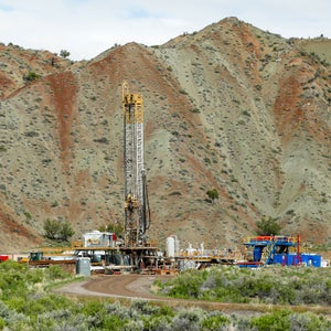 An oil drilling rig operates on May 10, 2017 outside Richfield, Utah.
