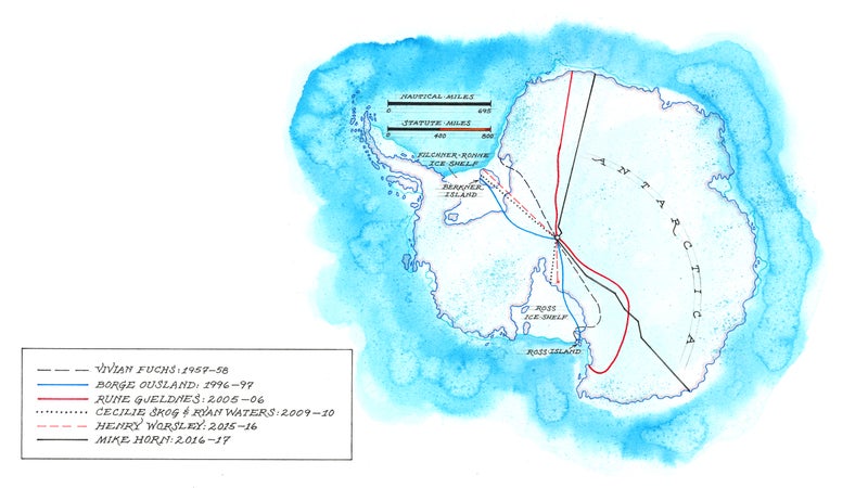 The routes used by Henry Worsley and six explorers who have successfully crossed Antarctica.
