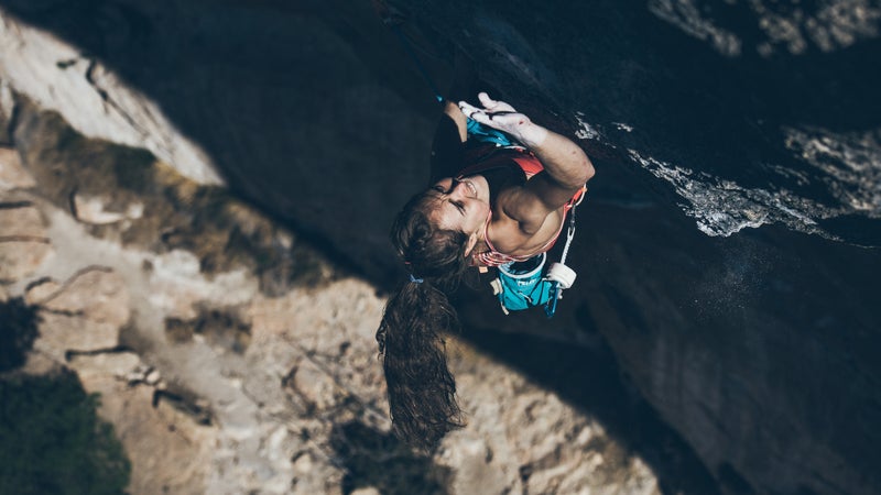 Hayes climbs into the crux sequence of La Rambla, 9a+, in Siurana, Spain. She started her ascent at around 4:25 p.m. on February 26, 2017. Applause, hoots, and hollers erupted in the canyon about half an hour later.