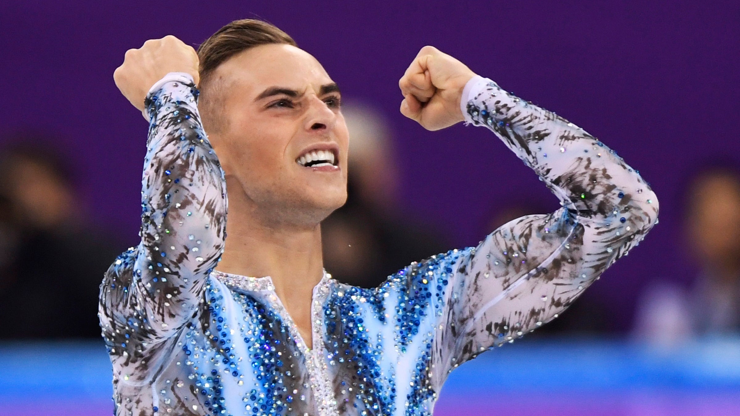 Adam Rippon of the United States reacts after his performance in the men's single skating free skating in the Gangneung Ice Arena at the 2018 Winter Olympics.