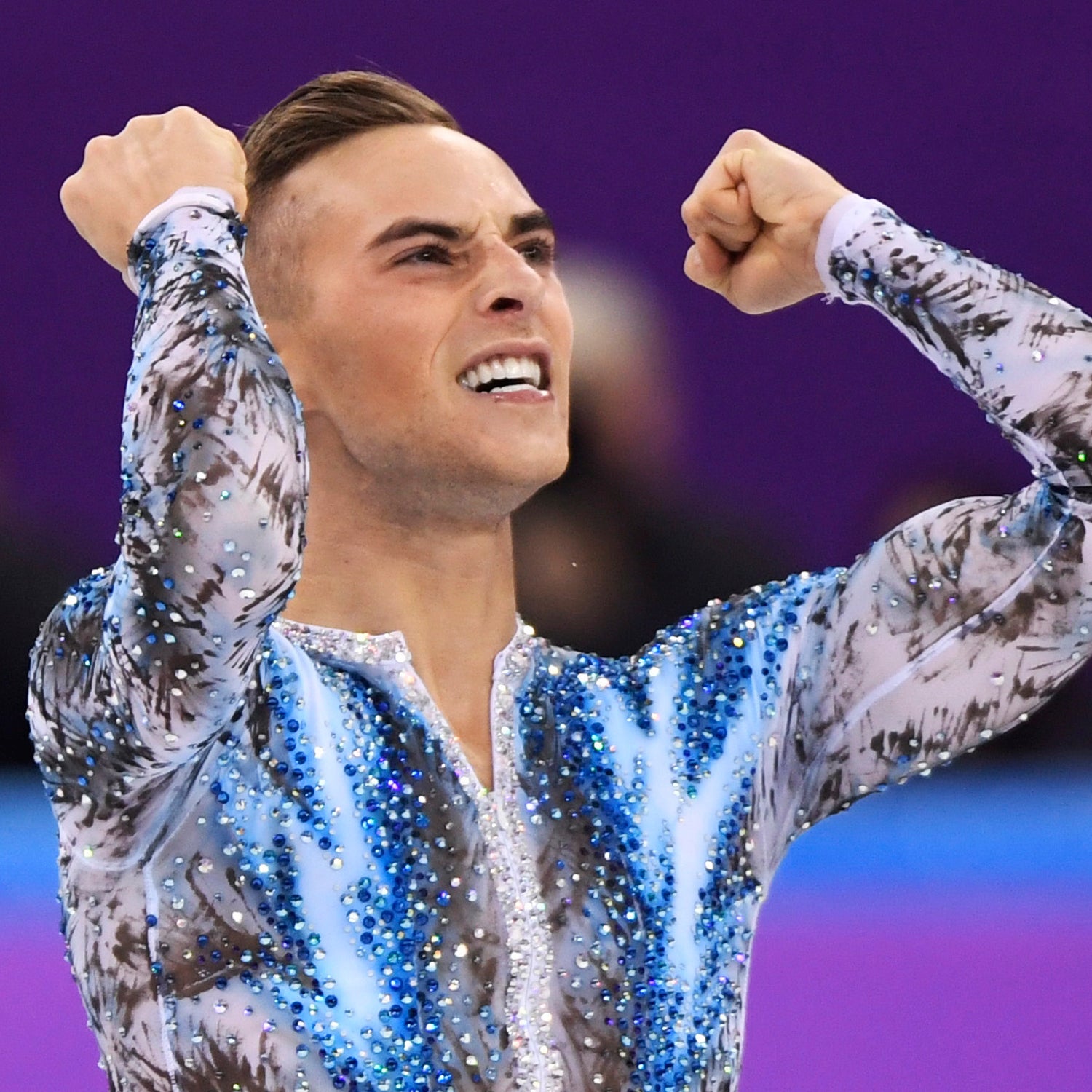 Adam Rippon of the United States reacts after his performance in the men's single skating free skating in the Gangneung Ice Arena at the 2018 Winter Olympics.