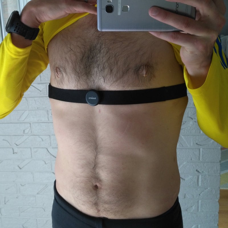 The Bluetooth-enabled Smart Sensor, which can be purchased with the Ambit3 Peak for a small charge. It’s a must for serious HR training. And, yes, that’s nipple tape—when you’re running 15 hours a week, it also is a must.