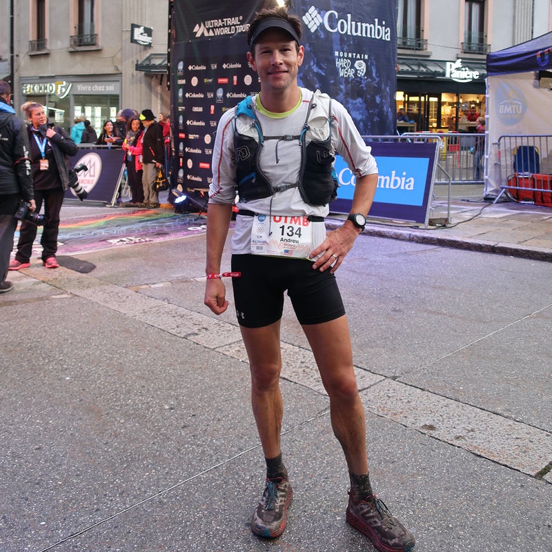 Worse for wear, at the UTMB finish line in 24:44. My Ambit3 had less than a 10 percent charge. I had the HRM and Bluetooth turned on the entire time.