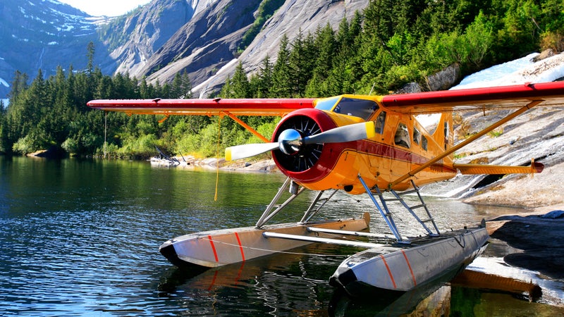 Float plane moored at Lake Manzoni, Misty Fjords National Monument Wilderness, Southeast Alaska