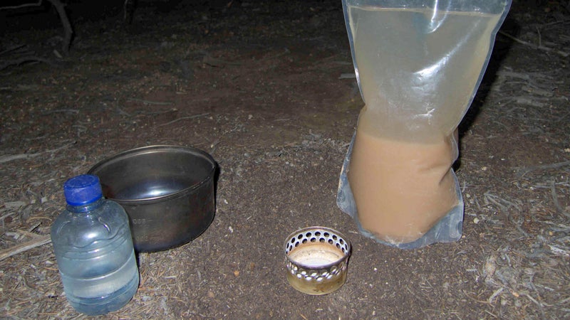 Silt-filled water that I let sit overnight. Chemical and UV treatments are less effective in turbid water.