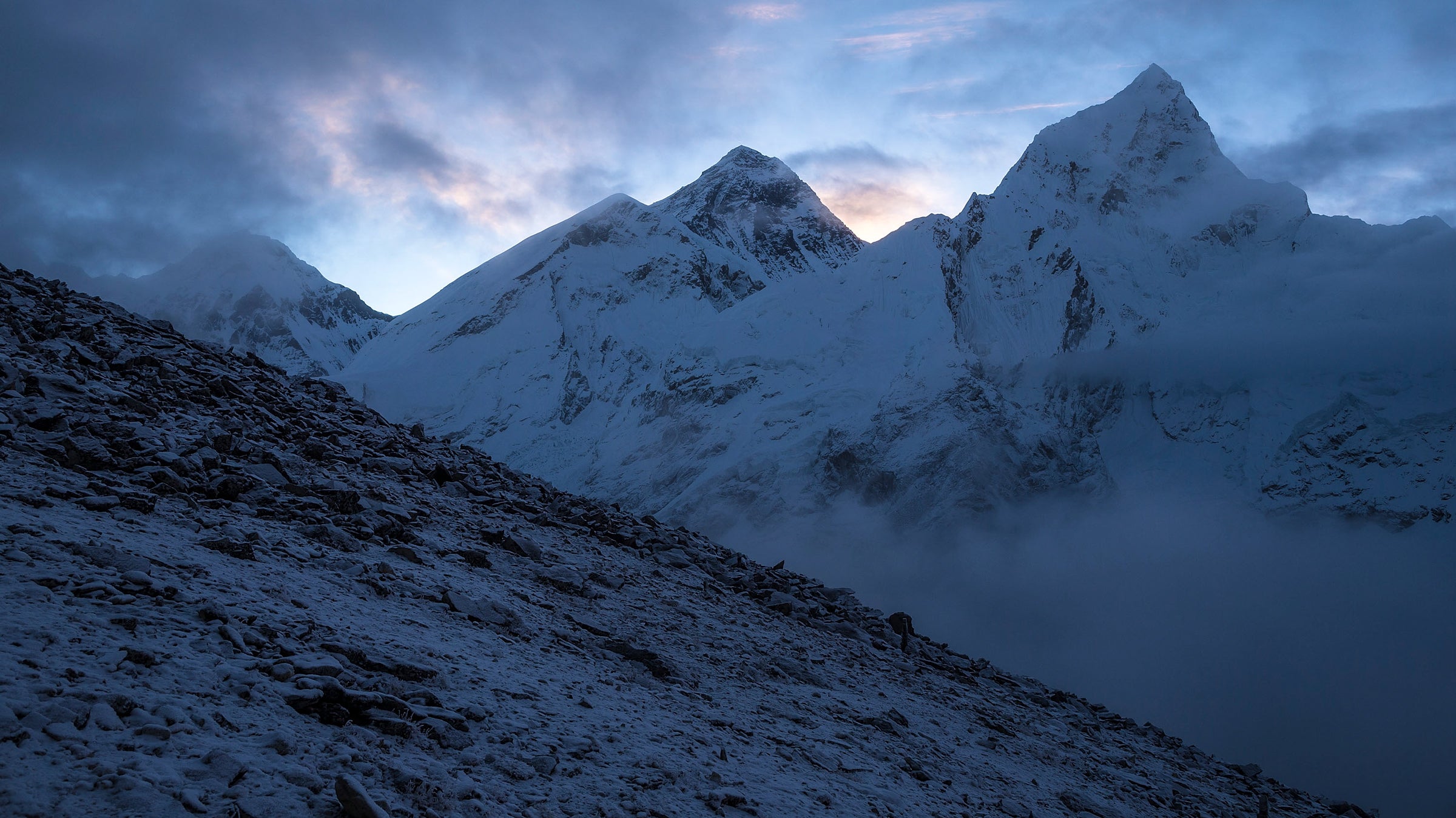 Seen from Kala Patthar, Everest at sunrise sitting between Changtse and Nuptse