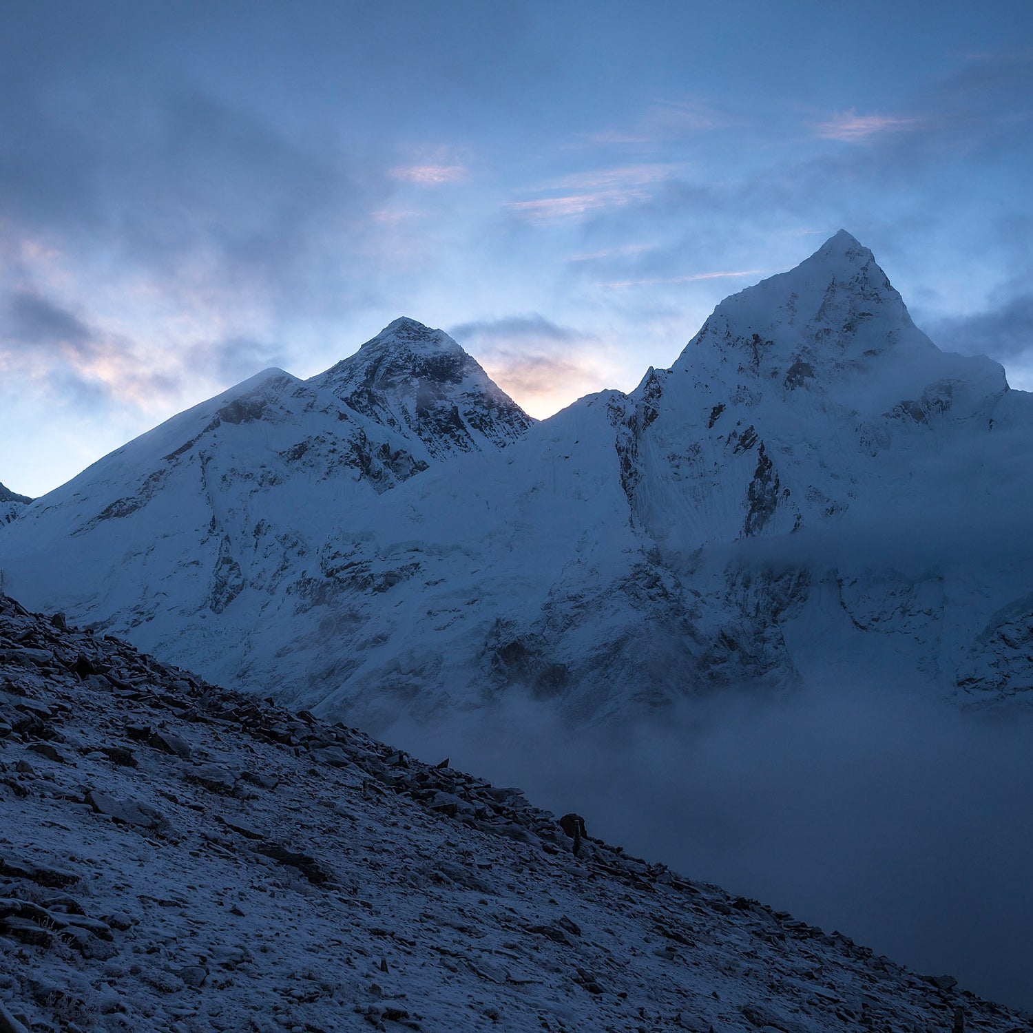 Seen from Kala Patthar, Everest at sunrise sitting between Changtse and Nuptse