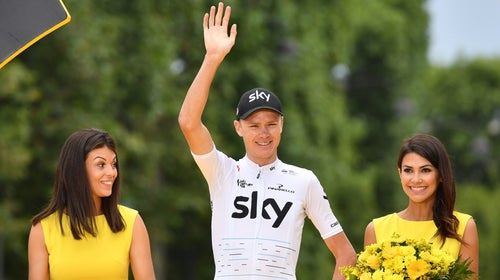 Team Sky rider Christopher Froome of Great Britain celebrates on the podium after winning the Tour de France 2017