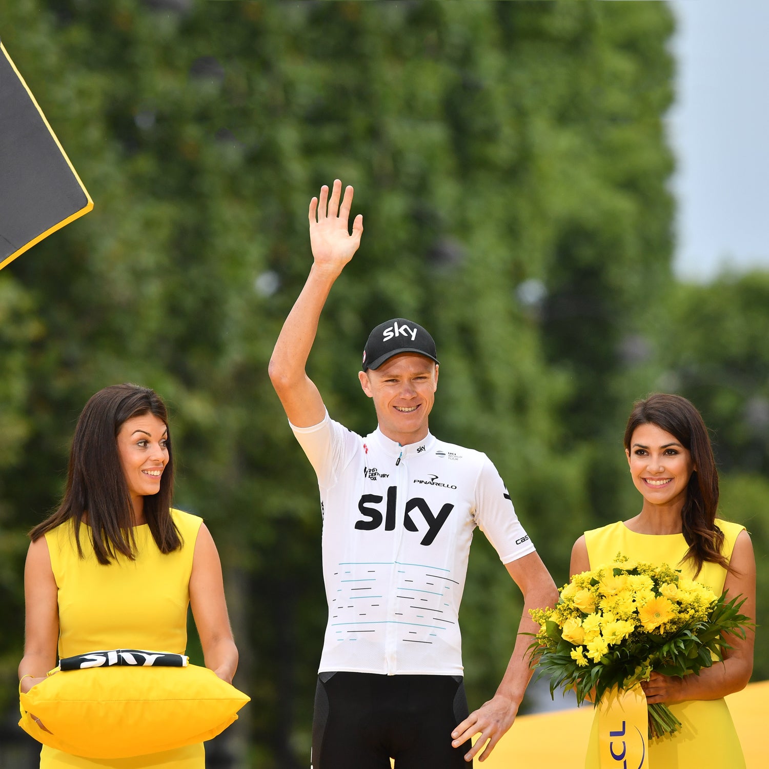 Team Sky rider Christopher Froome of Great Britain celebrates on the podium after winning the Tour de France 2017