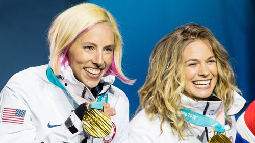 Kikkan Randall and Jessie Digginscelebrating their historic gold medals.