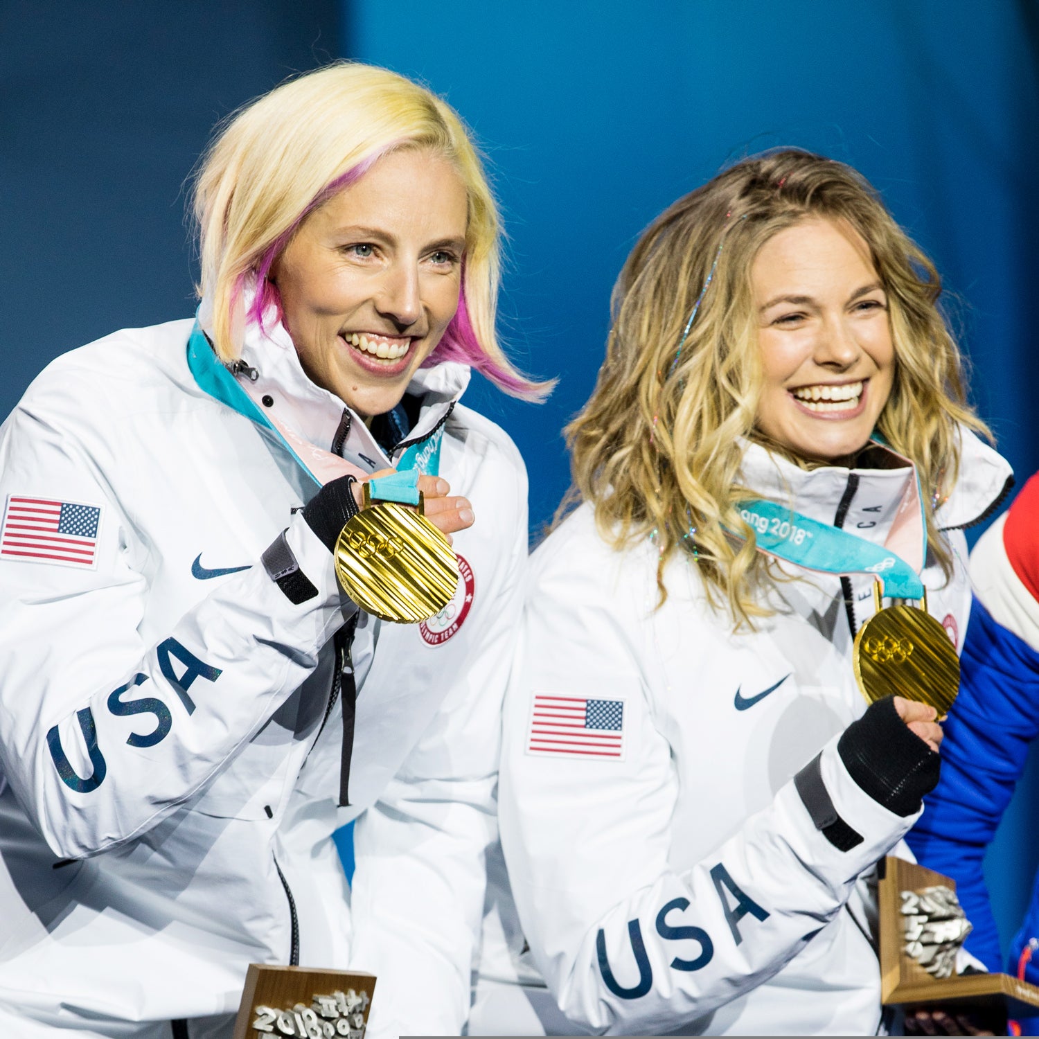 Kikkan Randall and Jessie Diggins
celebrating their historic gold medals.