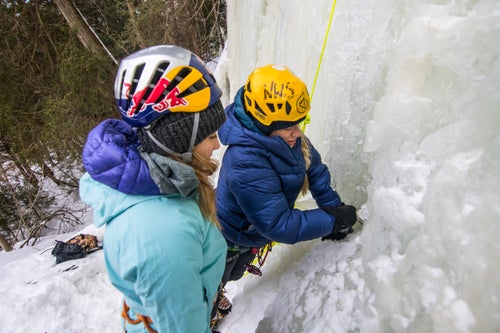 A world champion on rock and a beginner on ice, Sasha DiGiulian looks to her friend and partner Angela VanWiemeersch who she deemed