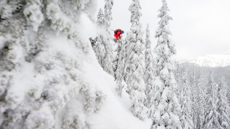Roberts jumping a cliff in the White Pass Ski Area backcountry