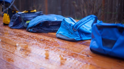 Duffels must meet three criteria: they’ve got to be rugged and weatherproof, capable of backpack-style carry, and outfitted with daisy chains for easy tie down.