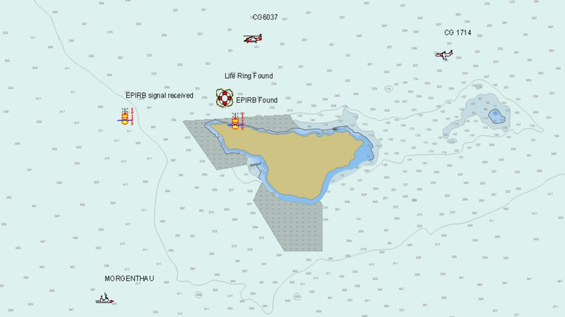 Coast Guard investigation map showing St George Island, locations of EPIRB signal and eventual recovery, life ring recovery point, and search vessels.