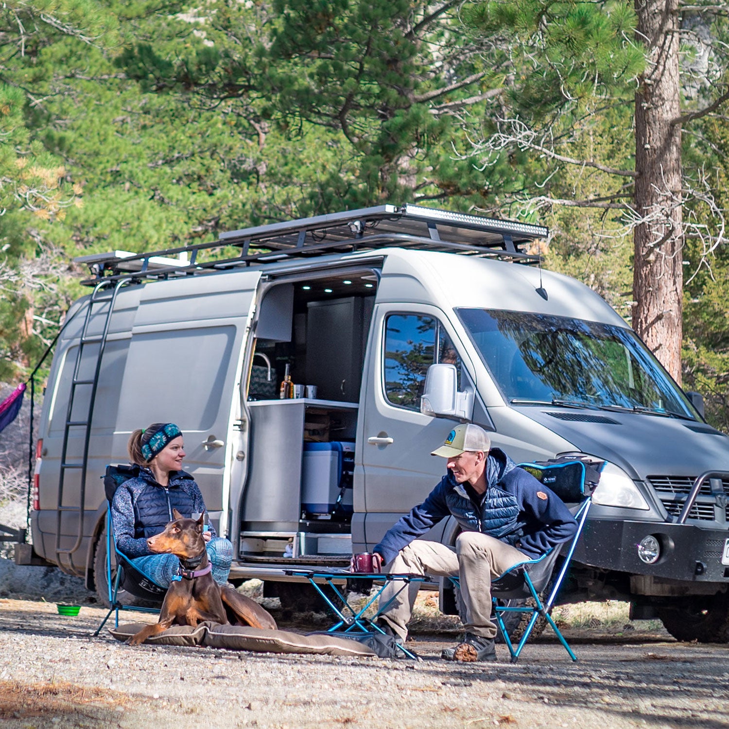 “We spent three months building out our Sprinter van, but if it’s warm, we’re sleeping outside the van in hammocks,” Stephanie says. “It’s all about sleeping under the stars for us.”