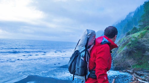 The Westcomb Apoc keeping me dry, and a cuben Hyperlite Mountain Gear keeping my stuff dry on the Lost Coast.