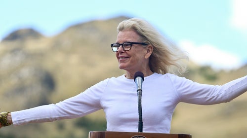 Kris Tompkins speaks during a signing ceremony in Patagonia Park, Chile in January.