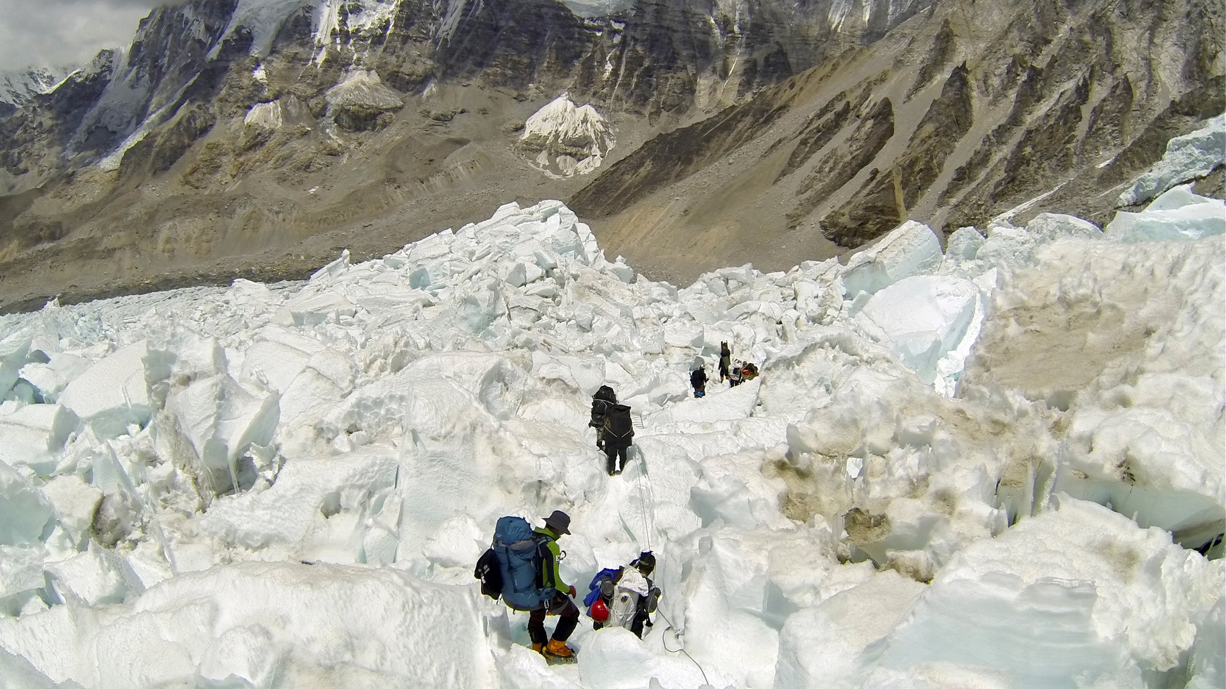 On the Khumbu Icefall, towering pillars of ice can collapse without warning.