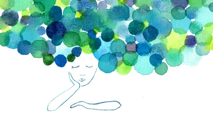 abstract drawing of sleeping person with green and blue bubbles above their head