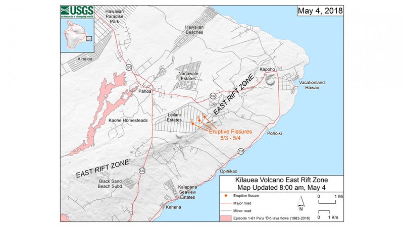 This map shows the locations, mapped by USGS-HVO scientists, of the three eruptive fissures in the order that they occurred in the Leilani Estates Subdivision as of 8:00 a.m. HST today (May 4).