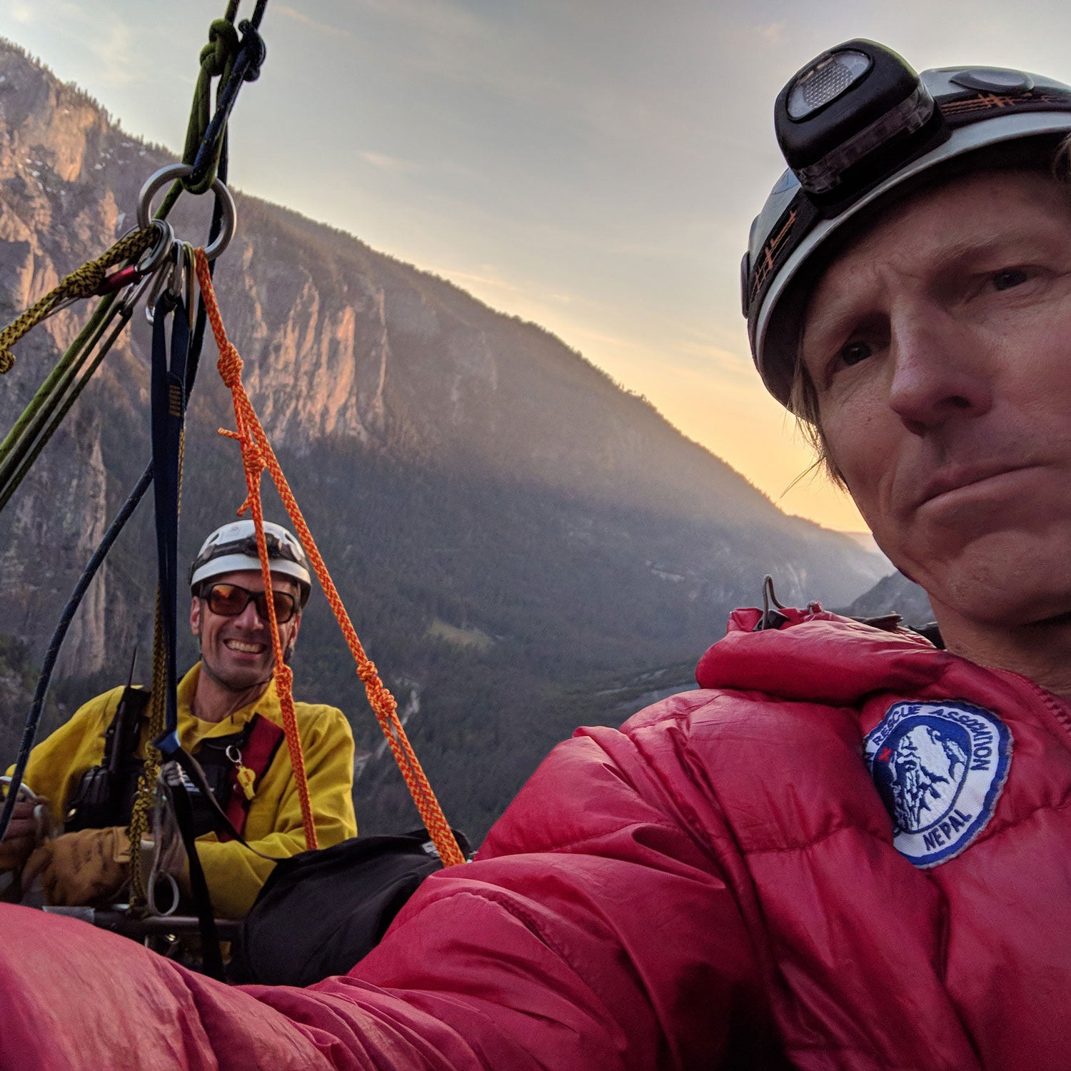 Florine takes a selfie with Yosemite Search and Rescue before being lifted to the top of El Capitan.