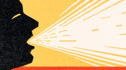 Person coughing into the air on a yellow and red background