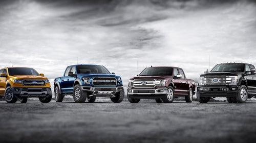 The complete Ford truck lineup, with the new mid-size Ranger at left.