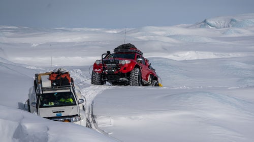 For this trip, the E7 team used three Toyota Hilux pickups, heavily modified for glacier travel by Arctic Trucks.