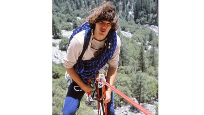 John "Yabo" Yablonski rappeling down El Cap after swapping DDT-thinned peregrine eggs with captivity raised chicks.