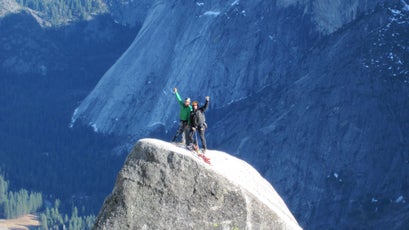 Sarah Stock and former climbing ranger Jesse McGahey on Lost Arrow Spire in Yosemite, which they climbed in order to experimentally test  the sensitivity of nearby nesting peregrines.