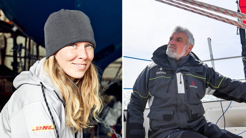 Susie Goodall (left), the sole female entrant in the 2018 Golden Globe Race, and French skipper Jean-Luc Van Den Heede.